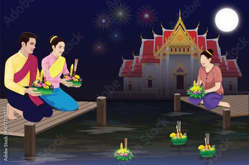 A newlywed couple is floating krathongs on the full moon day of the twelfth lunar month