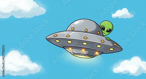 Cute alien in a flying saucer cartoon illustration