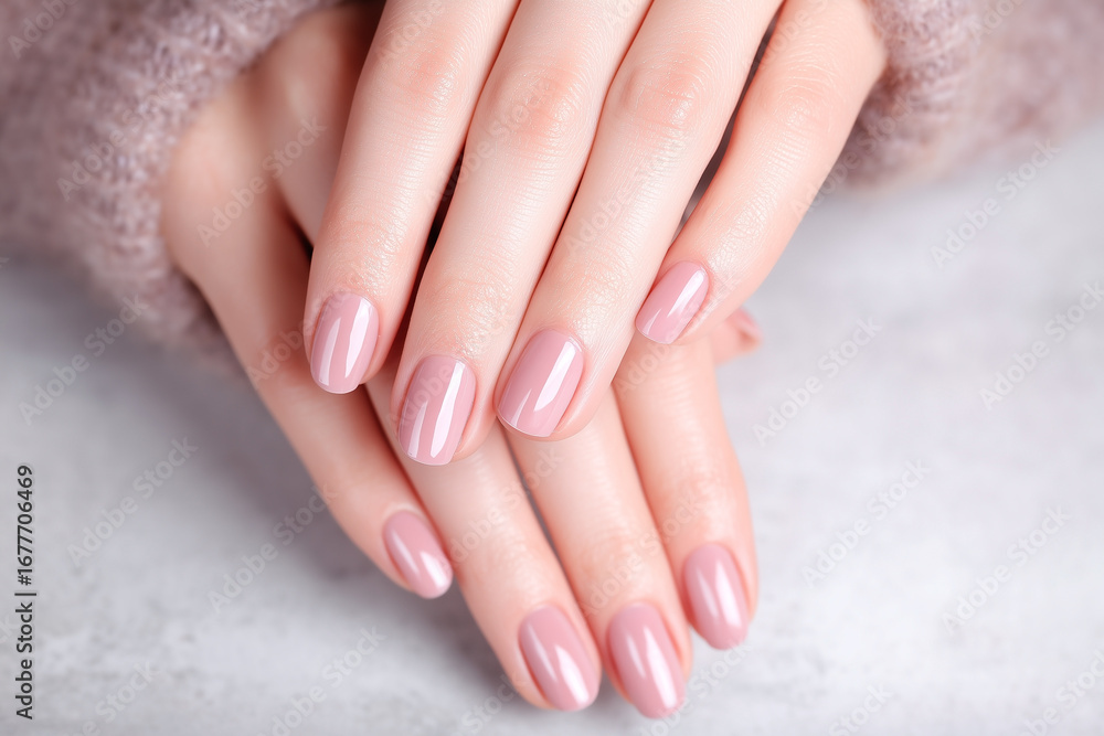 Naklejka premium Elegant hands display a soft pink manicure. The nails are neatly shaped and glossy, creating a polished and feminine look.