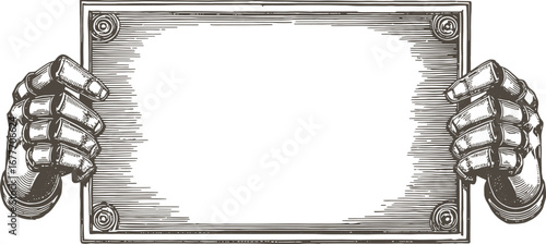 Vector vintage sketch of a robot hands holding a blank sign. Monochrome engraving style isolated on white.