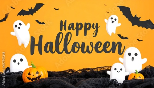 Halloween greeting card with ghosts and pumpkins