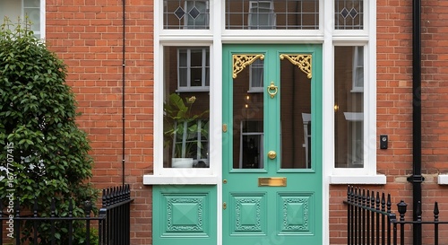Elegant Green Front Door on a Red Brick Building Facade.