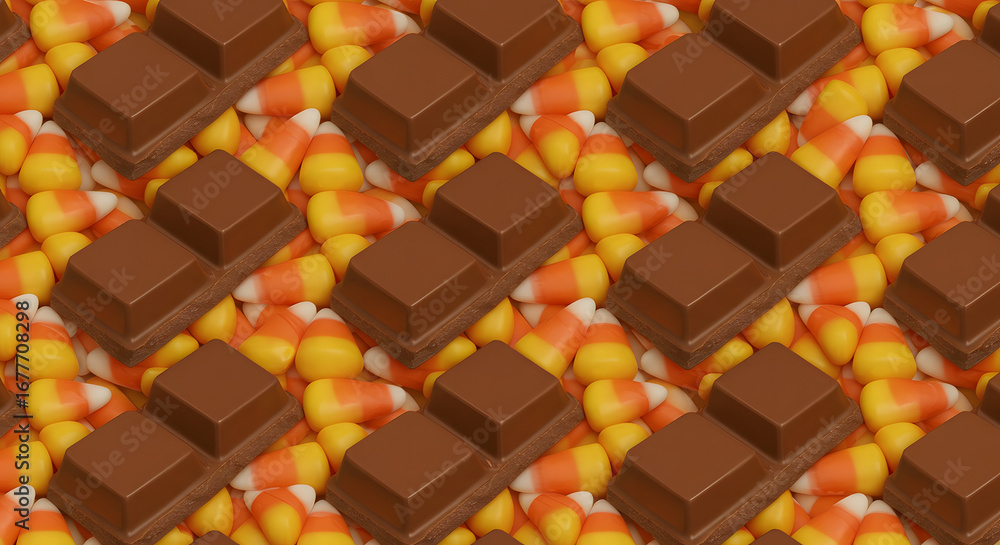 Fototapeta premium Halloween Chocolate Bars: Sweeten your celebrations with a festive arrangement of milk chocolate bars resting atop a sea of vibrant candy corn, a treat for the eyes and the taste buds. 