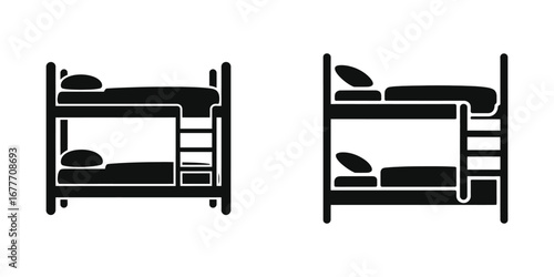 Black silhouette icons of bunk beds with ladders and pillows, space-saving bedroom furniture symbols for kids’ rooms, dormitories, and shared living spaces in simple flat design
