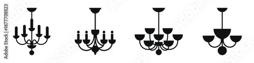 Black silhouette icons of elegant chandeliers with multiple arms and candle-style lights, classic ceiling light fixtures for interior decor, luxury home and event lighting designs