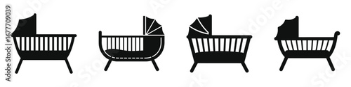 Black silhouette icons of vintage baby cribs and bassinets with canopies, classic nursery furniture symbols for newborn care, infant sleeping, and baby room design in simple flat style