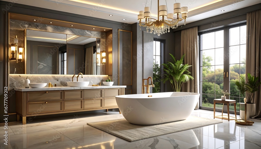 Fototapeta premium Luxurious modern bathroom showcasing a spacious vanity, soaking tub, and expansive view.