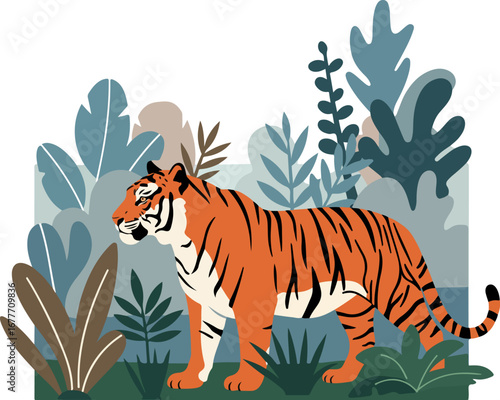 Tiger in the jungle, modern flat vector illustration