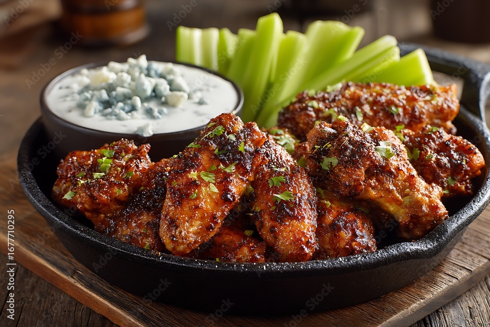 Fototapeta premium A sizzling plate of spicy chicken wings, paired with crisp celery sticks and creamy blue cheese dip, set on a rustic wooden table perfect for a game day feast