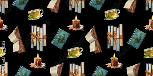 Cozy reading corner featuring books, a candle, and a cup of tea arranged artistically against a dark background