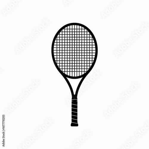 Simple black and white tennis racquet icon on white background