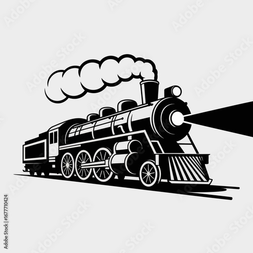 Classic steam locomotive with smoke and headlight