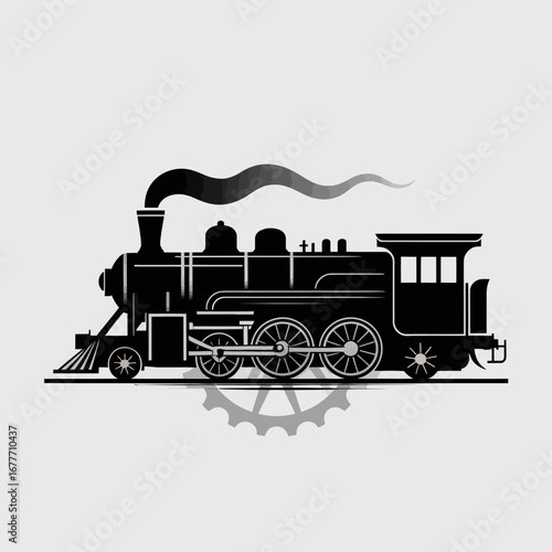 Classic black steam locomotive silhouette with smoke and gear shadow