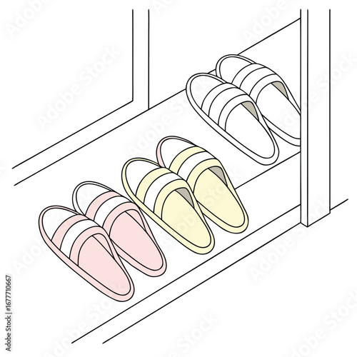 Charming soft pastel colored slippers artfully arranged in a neat clean composition perfect for cozy home decor and comfort themes