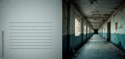 Abandoned corridor with peeling walls and empty space for copy
