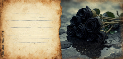 Black roses on wet surface with rustic background and copy space for text