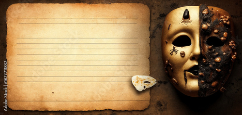 Expressionless golden mask with a deteriorated side on a brown textured background and copy space