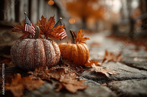 Fallen leaves and pumpkins with mini American flags--tribute to Memorial Day or Veterans Day mixed with autumn