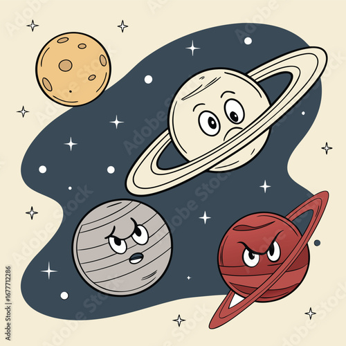 Charming cartoon saturn with expressive face surrounded by tiny celestial bodies perfect for educational or playful space themed designs