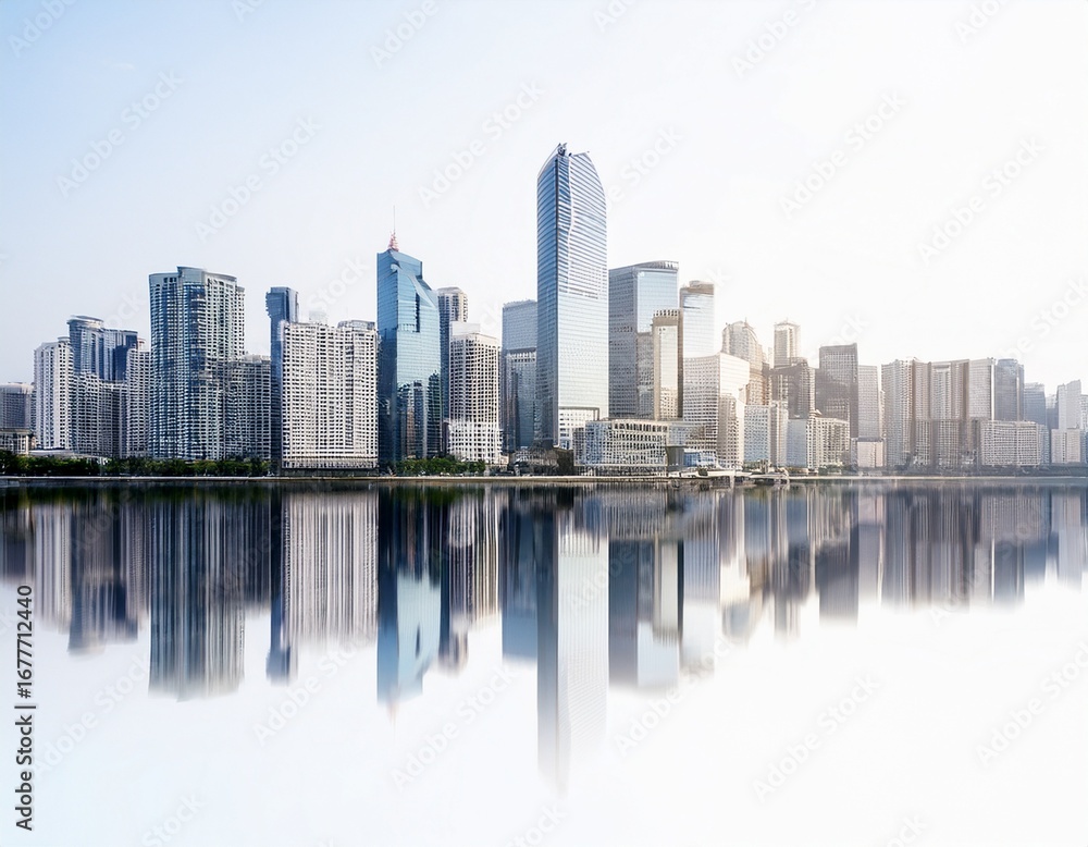 Obraz premium a city skyline with a reflection in the water white background