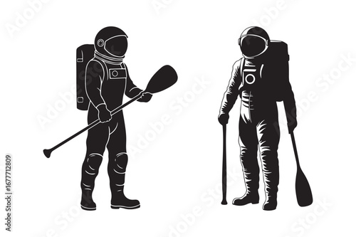 Astronauts holding paddles on a white background