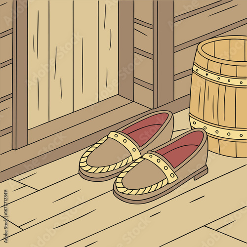 Traditional handmade leather slippers presented in a rustic advertisement banner showcasing comfort and artisanal quality for home wear