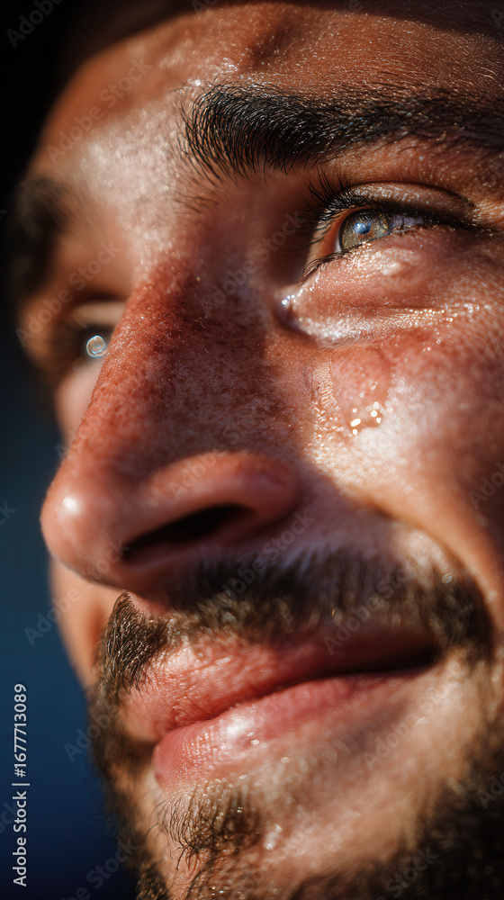 Fototapeta premium Close-up portrait of man with tears of joy streaming down face, capturing powerful moment of overwhelming happiness and emotional release in intimate lighting
