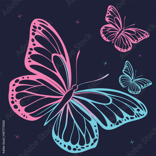 Vibrant gradient neon butterflies with transparent wings ideal for celebratory banners advertisements and eye catching graphic design projects