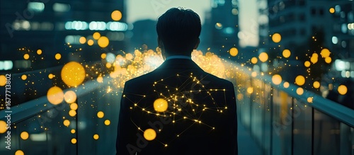Futuristic Vision: Businessman with a Glowing Neural Network Overlooking a Luminous Cityscape