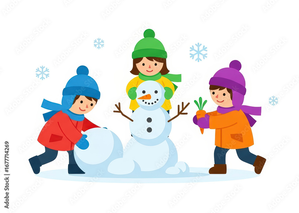 Fototapeta premium Happy Children in Colorful Winter Clothes Building a Snowman Together in Snow