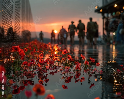 Family paying tribute to Vietnam War veterans at a memorial wall with red flowers during a dramatic sunset