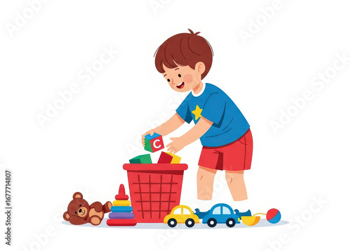 Happy Little Boy Cleaning Up Colorful Toys Into a Red Basket Vector Illustration