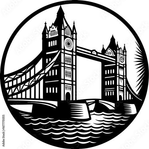 Black and white illustration of the tower bridge with a river in a circular frame design element