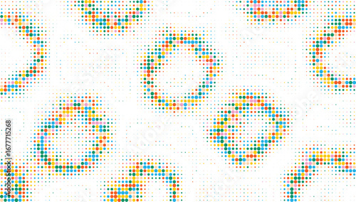 Abstract halftone circles with colorful pixel dots in orange and blue modern minimal geometric texture creative background digital pattern artistic design surface concept