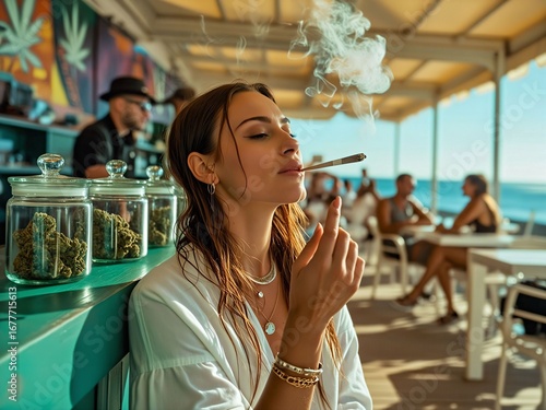 Young woman smoking joint in a Cannabis Social Club. Guest or member of a CSC. Coffeeshop. Cannabis dispensary. Marijuana. Weed. Ganja. Legalization. Lighting up. Amsterdam. Generative AI