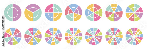 Infographic chart collection. Education infographic design. Round pie chart diagram with multicolored 2, 3, 4, 5, 6, 7, 8, 9, 10, 11, 12, 13, 14, 15 segments. Marketing strategy charts