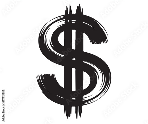 Brush stroke dollar sign symbol, vector finance illustration representing money, wealth, economy, payment, investment, savings, profit, trade, currency, business, income, commerce, cash, and financial
