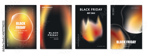 A trendy set of vertical Black Friday banners, featuring abstract fluid shapes with a glowing, fiery gradient effect on a dark background. This collection is perfect for modern social media stories
