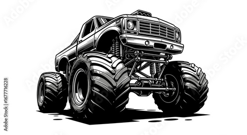 A stylized illustration of a monster truck with oversized tires and detailed engine components