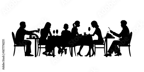 Silhouette illustration of a group of people dining together at a long table with drinks and food present