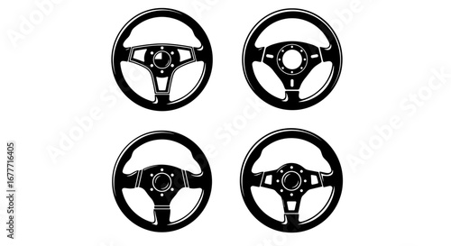 Four steering wheels in a grid pattern with different designs and spoke arrangements shown clearly