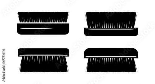 Four illustrations of cleaning brushes with bristles and handles in a vector graphic design style