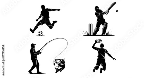 Sports themed illustration featuring soccer, cricket, fishing, and volleyball icons in silhouette