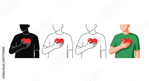 Illustrations of people placing hands over hearts in various styles and representations