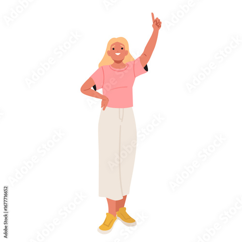 Happy smiling teenage girl cartoon child character standing with raised hand up isolated on white