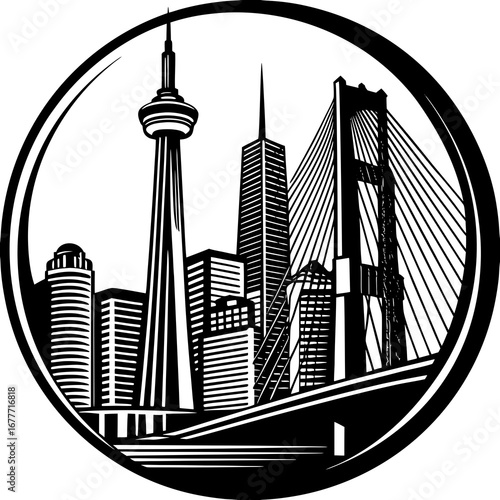 Illustration of a cityscape featuring a tower, skyscrapers, and a bridge inside a circular border