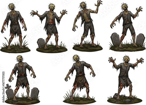 Creepy zombies standing in graveyard, undead monsters with glowing eyes, horror cartoon illustration, spooky Halloween design, scary artwork