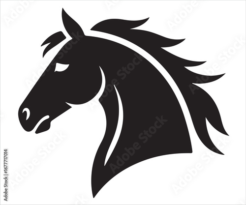Silhouette of horse head with flowing mane, vector animal illustration symbolizing power, freedom, elegance, farm life, wildlife, equestrian, ranch, strength, countryside, beauty, heritage, and cultur
