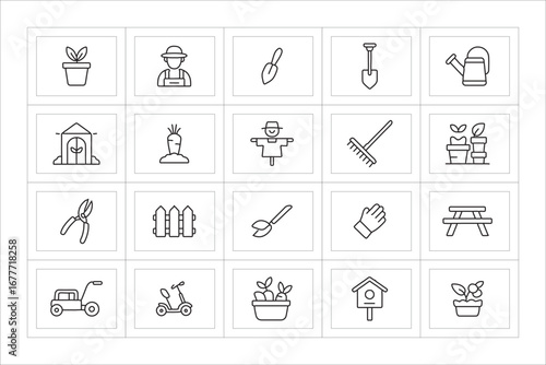 Gardening icons set featuring tools plants and people
