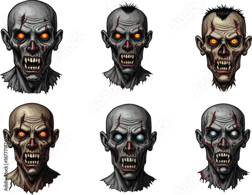 Zombie head illustration set, scary undead skull artwork, horror monster face design, creepy Halloween character, evil fantasy creature